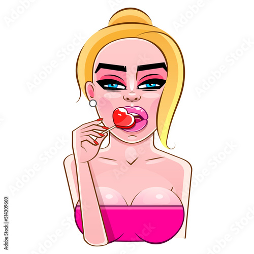 Vector pop art pin up illustration of a young sexy punk girl sucks lollipop