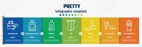 pretty concept infographic design template. included big makeup box, french perfume bottle, ointment, cor, pedicure, high heel shoe, roll on deodorant icons and 7 option or steps.