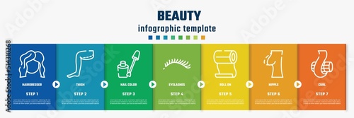 beauty concept infographic design template. included hairdresser, thigh, nail color, eyelashes, roll on, nipple, curl icons and 7 option or steps.