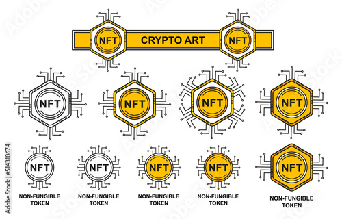 NFT non-fungible token cryptocurrency coin money blockchain technology icon set. Digital crypto art investment, virtual currency. Internet auction and collection unique electronic picture. Line vector