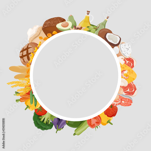 Healthy macronutrients. Fiber, proteins, fats and carbs presented by food products. Vector illustration of nutrition categories. Balanced nutrition. Healthy food