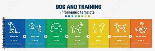 dog and training concept infographic design template. included pointer dog, dog scaping, pet dish, poodle, husky, german shorthaired pointer, and doggie icons and 7 option or steps.