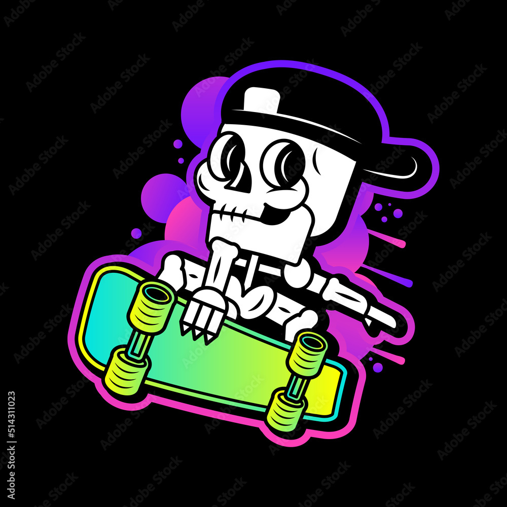 Obraz premium Skeleton Skateboarder Rock Sign White Black vector illustration