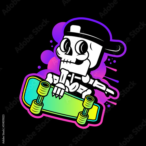 Skeleton Skateboarder Rock Sign White Black vector illustration