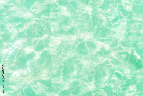 Defocused blurred clear green water. Sun glare and shadows in calm water. Trendy abstract nature texture background. Summer coolness. Copy space for text