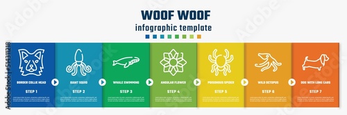 woof woof concept infographic design template. included border collie head, giant squid, whale swimming, angular flower, poisonous spider, wild octopus, dog with long ears icons and 7 option or