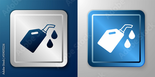 White Canister for motor machine oil icon isolated on blue and grey background. Oil gallon. Oil change service and repair. Silver and blue square button. Vector