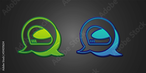 Green and blue Racing helmet icon isolated on black background. Extreme sport. Sport equipment. Vector