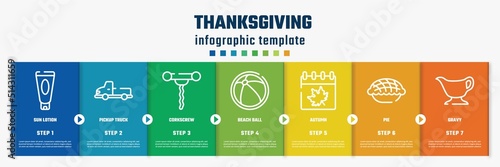 thanksgiving concept infographic design template. included sun lotion, pickup truck, corkscrew, beach ball, autumn, pie, gravy icons and 7 option or steps.