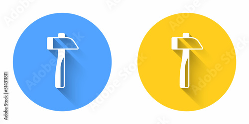 White Hammer icon isolated with long shadow background. Tool for repair. Circle button. Vector