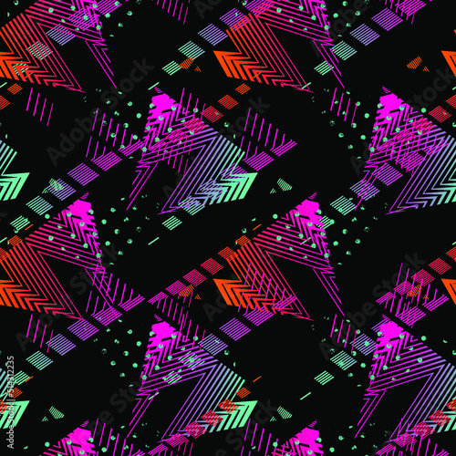 Abstract seamless geometric pattern on black background. Geometrical repeat print. Gradient triangles endless ornament for fashion textile, sport clothes.