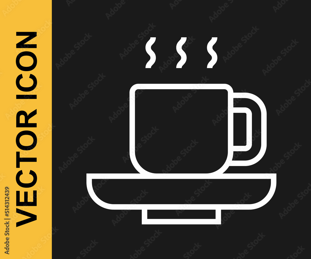 White line Coffee cup icon isolated on black background. Tea cup. Hot drink coffee. Vector White line Coffee cup icon isolated on black background. Tea cup. Hot drink coffee. Vector