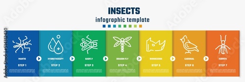 insects concept infographic design template. included mantis, hydrotherapy, gadfly, dragon fly, rhinoceros, cardinal, termite icons and 7 option or steps.