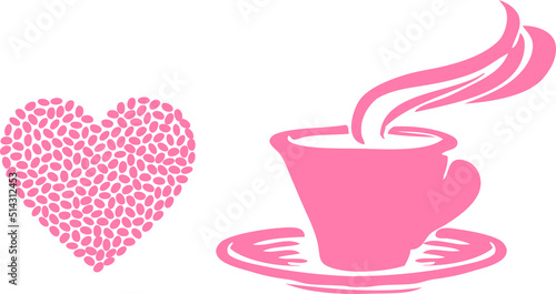 I heart coffee. Pink heart and cup of coffee. Vector symbols. 