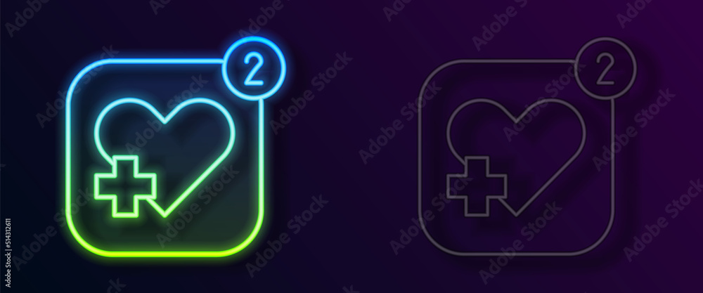 Fototapeta premium Glowing neon line Smartphone with heart rate monitor function icon isolated on black background. Vector