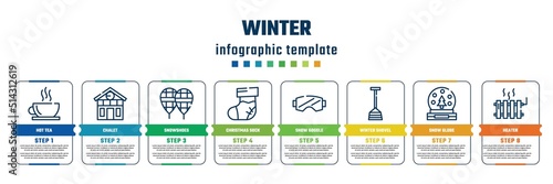 winter concept infographic design template. included hot tea, chalet, snowshoes, christmas sock, snow goggle, winter shovel, snow globe, heater icons and 8 steps or options.