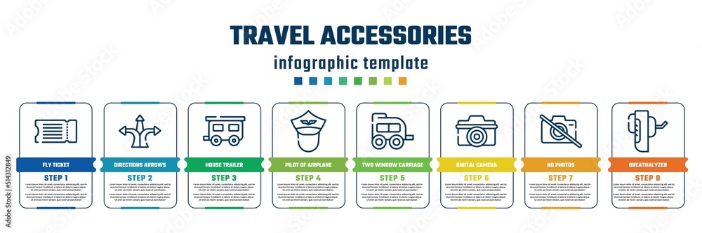 travel accessories concept infographic design template. included fly ticket, directions arrows, house trailer, pilot of airplane, two window carriage, digital camera, no photos, breathalyzer icons travel accessories concept infographic design template. included fly ticket, directions arrows, house trailer, pilot of airplane, two window carriage, digital camera, no photos, breathalyzer icons
