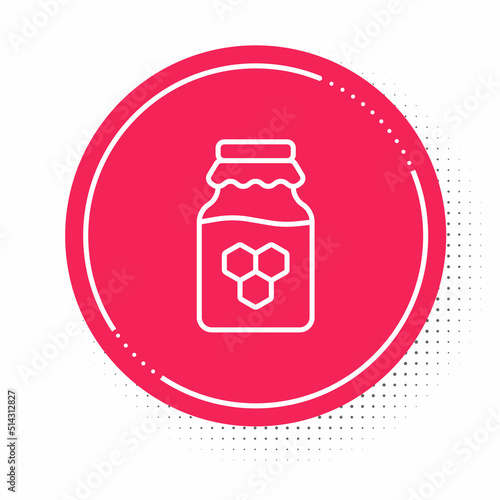 White line Jar of honey icon isolated on white background. Food bank. Sweet natural food symbol. Red circle button. Vector