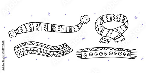 A set of hand-drawn winter clothing. Vector illustration in doodle style. Winter mood. Hello 2023. Merry Christmas and Happy New Year. Black and violet scarfs on a white background.