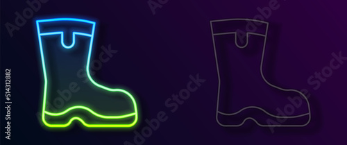 Glowing neon line Fishing boots icon isolated on black background. Waterproof rubber boot. Gumboots for rainy weather, fishing, hunter, gardening. Vector