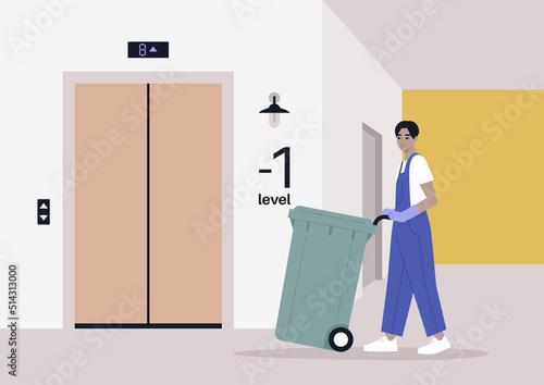 A young modern character in denim overalls collecting a waste bin in a basement, Utility service, environmental conversation, a plastic garbage container on a wheel