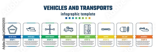 vehicles and transports concept infographic design template. included do not enter, speed boat, cross wrench, pickup car, gearbox, damper, fog lamp, motorboat icons and 8 steps or options.