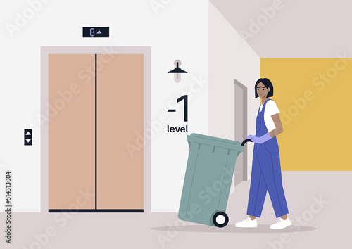 A young modern character in denim overalls collecting a waste bin in a basement, Utility service, environmental conversation, a plastic garbage container on a wheel