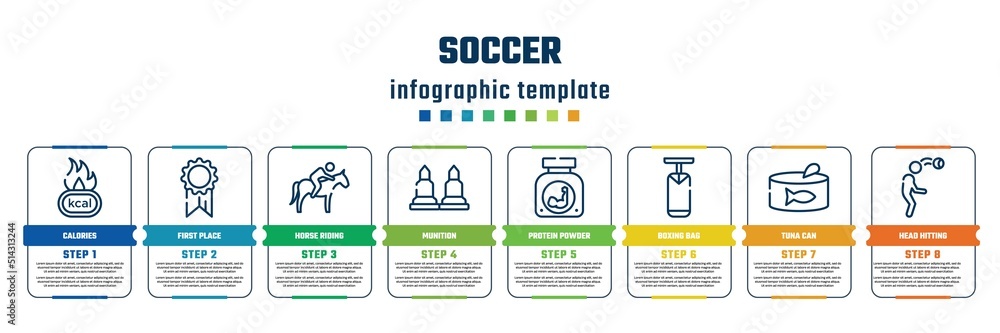 Obraz premium soccer concept infographic design template. included calories, first place, horse riding, munition, protein powder, boxing bag, tuna can, head hitting icons and 8 steps or options.