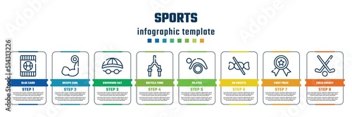 sports concept infographic design template. included blue card, biceps curl, swimming hat, bicycle fork, pilates, no sweets, first prize, field hockey icons and 8 steps or options.