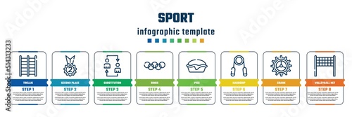 sport concept infographic design template. included trellis, second place, substitution, rings, pies, handgrip, crank, volleyball net icons and 8 steps or options.
