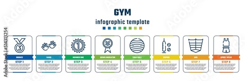 gym concept infographic design template. included bronze, hand, number one, down indicator, yoga ball, doping, abs, sport wear icons and 8 steps or options.