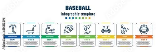 baseball concept infographic design template. included grappling hook, treadmill hine, gym station, home run, kitesurf, mountain bike, batter, catcher mask icons and 8 steps or options.