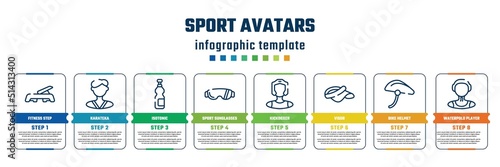 sport avatars concept infographic design template. included fitness step, karateka, isotonic, sport sunglasses, kickboxer, visor, bike helmet, waterpolo player icons and 8 steps or options.