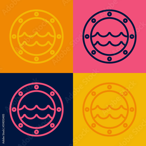 Pop art line Ship porthole with rivets and seascape outside icon isolated on color background. Vector