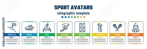 sport avatars concept infographic design template. included football flag, bobsled, sheave, hang glider, hockey pitch, golf caddy, lacrosse, horsewoman icons and 8 steps or options.