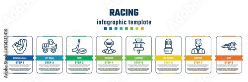 racing concept infographic design template. included baseball ball, off road, puck, skydiver, paddock, led strobe, drivers, apex icons and 8 steps or options. photo