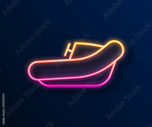 Glowing neon line Inflatable boat with outboard motor icon isolated on black background. Vector