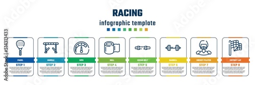 racing concept infographic design template. included padel, hurdle, mph, null, diving belt, barbell, hockey player, victory lap icons and 8 steps or options.