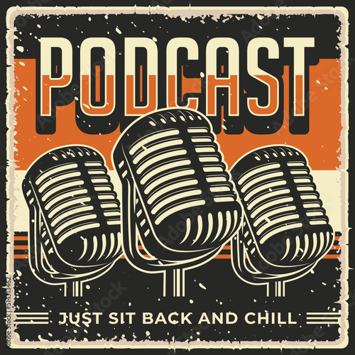Retro Vintage Rustic Podcast Quote Poster with Microphone Illustration