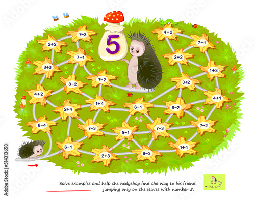 Math education for children. Logic puzzle game with maze for kids. Solve examples and help the hedgehog find the way to his friend jumping only on the leaves with number 5. Draw the path. Play online.