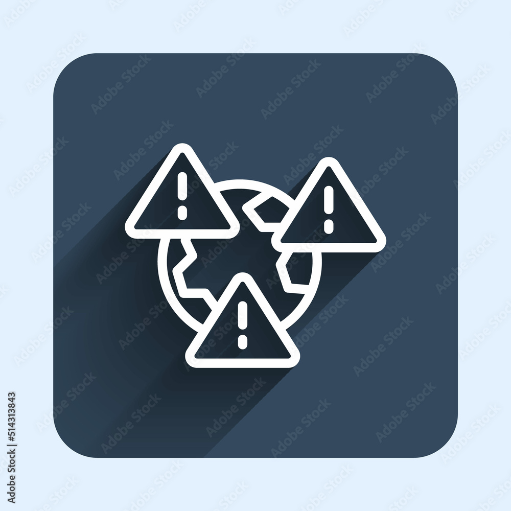 White line Planet earth symbol with exclamation mark icon isolated with long shadow background. Global earth, Exclamation mark danger. Blue square button. Vector White line Planet earth symbol with exclamation mark icon isolated with long shadow background. Global earth, Exclamation mark danger. Blue square button. Vector