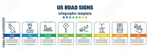 us road signs concept infographic design template. included praying, valet, baby toilet, parking, landing, public fountain, parking ticket, slip icons and 8 steps or options.