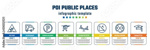 poi public places concept infographic design template. included wet floot, autorickshaw, parking hexagonal, air taxi, children on teeter totter, upstairs, railroad crossing, graduate cap icons and 8