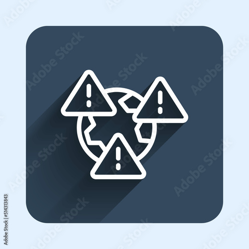 Free Download White line Planet earth symbol with exclamation mark icon isolated with long shadow background. Global earth, Exclamation mark danger. Blue square button. Vector - GFXLoad