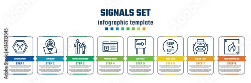 signals set concept infographic design template. included bifurcation, taxi stop, father and child, parking card, one way, keep left, solar taxi, fire triangular icons and 8 steps or options.