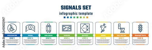 signals set concept infographic design template. included wheelchair side view, nursing, hand luggage, navigator, reflective, running, toilet side view, semaphore traffic lights icons and 8 steps or