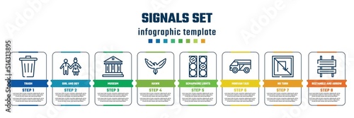 signals set concept infographic design template. included trash, girl and boy, museum, hawk, semaphore lights, minivan taxi, no turn, rectangle and arrow icons and 8 steps or options.