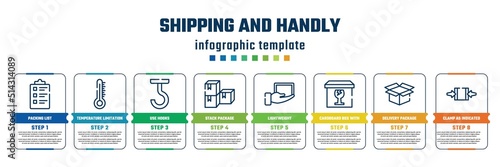 shipping and handly concept infographic design template. included packing list, temperature limitation, use hooks, stack package, lightweight, cardboard box with glasses, delivery package opened,
