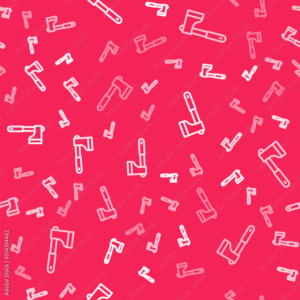White line Wooden axe icon isolated seamless pattern on red background. Lumberjack axe. Vector White line Wooden axe icon isolated seamless pattern on red background. Lumberjack axe. Vector