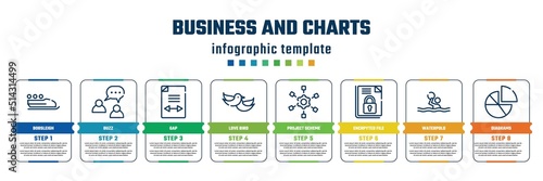business and charts concept infographic design template. included bobsleigh, buzz, gap, love bird, project scheme, encrpyted file, waterpolo, diagrams icons and 8 steps or options.